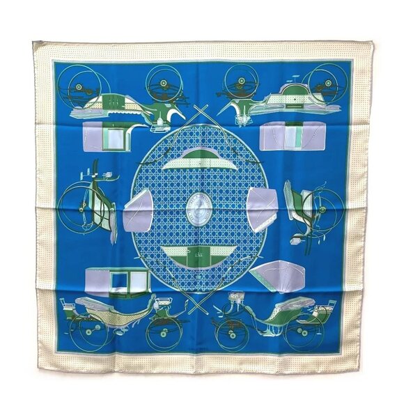 HERMES LA PERRIERE Carriage Carre90 Scarf silk Blue x Green x Ivory - Picture 1 of 11